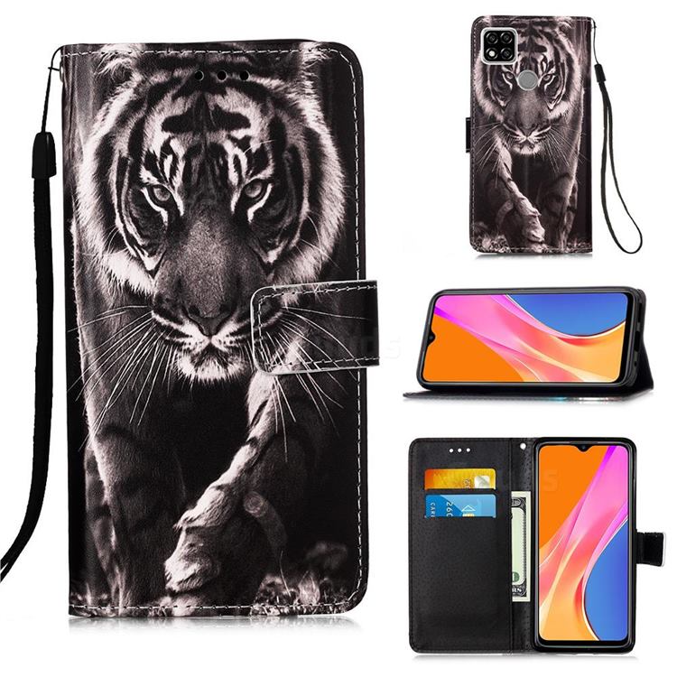 Black and White Tiger Matte Leather Wallet Phone Case for Xiaomi Redmi 9C