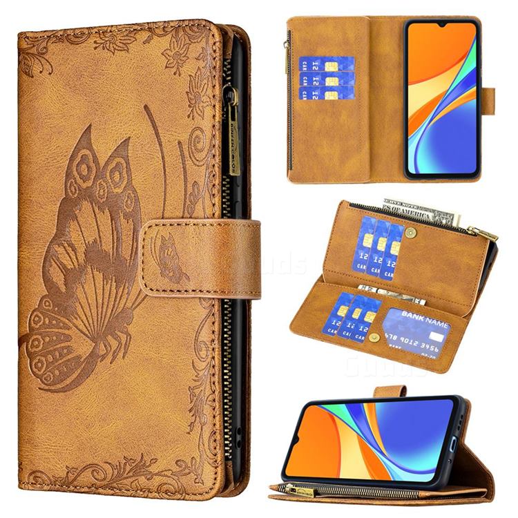 Binfen Color Imprint Vivid Butterfly Buckle Zipper Multi-function Leather Phone Wallet for Xiaomi Redmi 9C - Brown