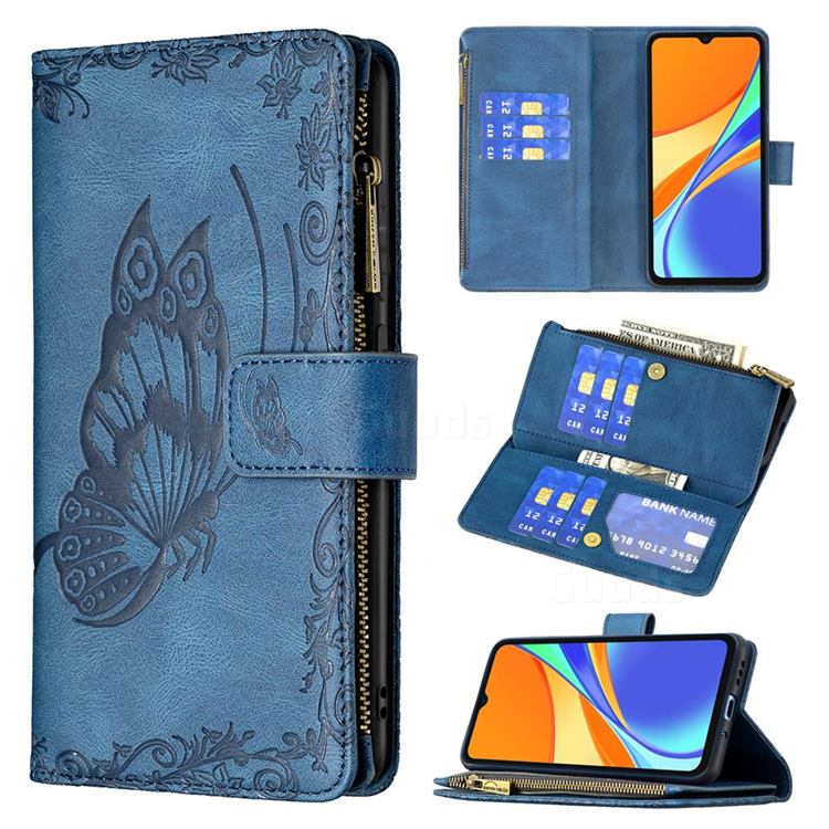 Binfen Color Imprint Vivid Butterfly Buckle Zipper Multi-function Leather Phone Wallet for Xiaomi Redmi 9C - Blue