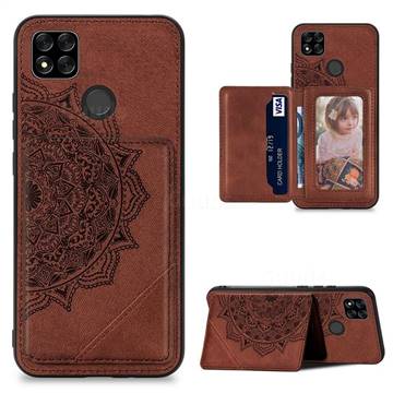 Mandala Flower Cloth Multifunction Stand Card Leather Phone Case for Xiaomi Redmi 9C - Brown