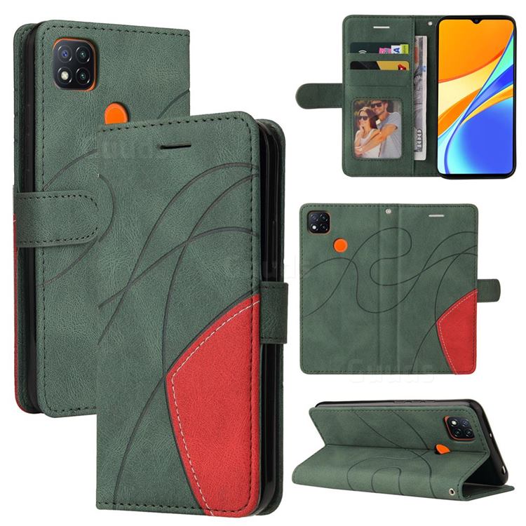 Luxury Two-color Stitching Leather Wallet Case Cover for Xiaomi Redmi 9C - Green