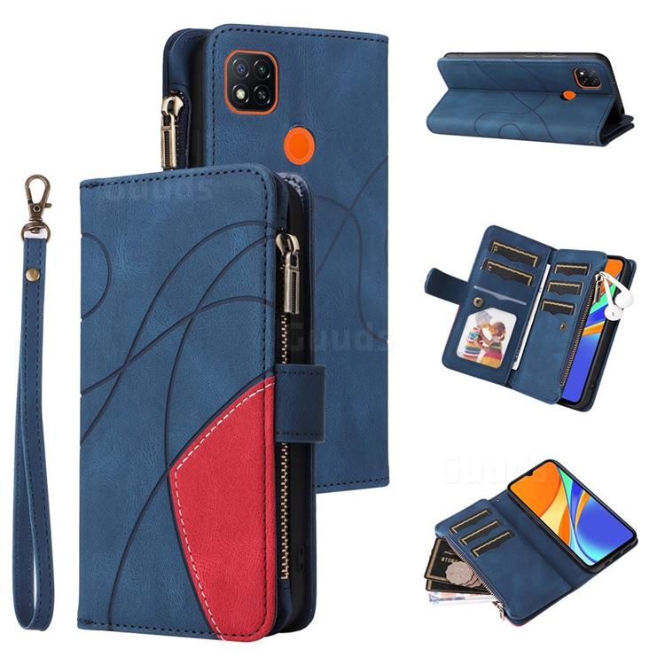 Luxury Two-color Stitching Multi-function Zipper Leather Wallet Case Cover for Xiaomi Redmi 9C - Blue