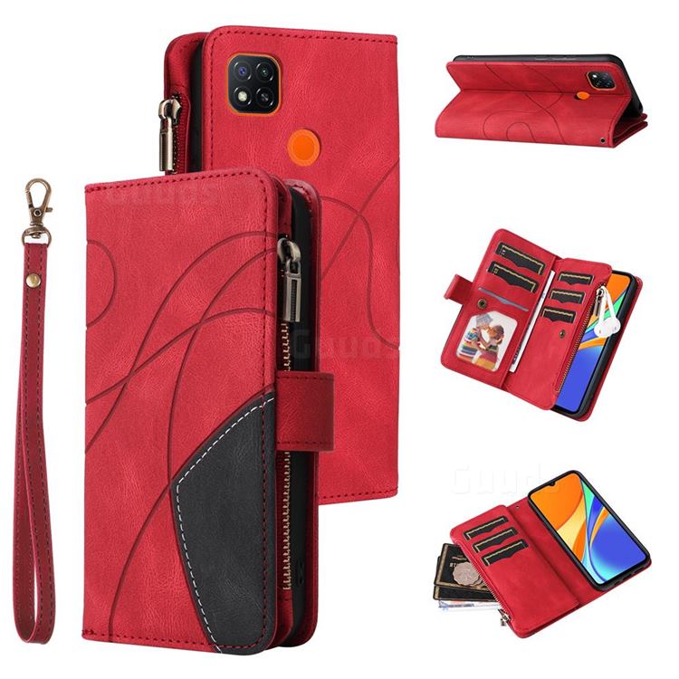 Luxury Two-color Stitching Multi-function Zipper Leather Wallet Case Cover for Xiaomi Redmi 9C - Red