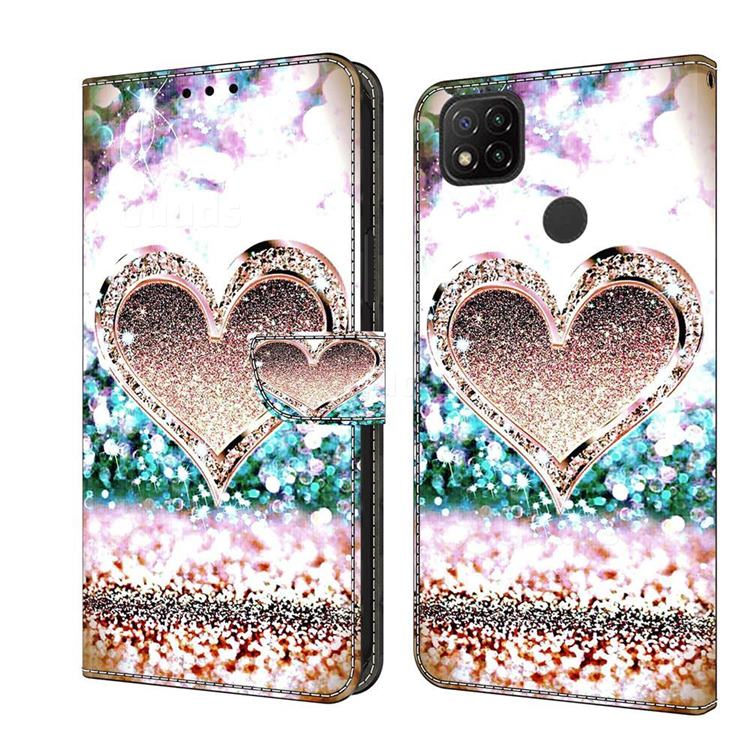 Pink Diamond Heart Crystal PU Leather Protective Wallet Case Cover for Xiaomi Redmi 9C