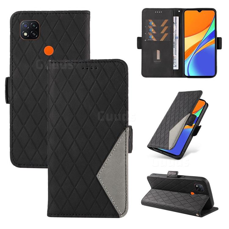 Grid Pattern Splicing Protective Wallet Case Cover for Xiaomi Redmi 9C - Black