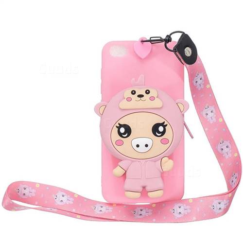 Pink Pig Neck Lanyard Zipper Wallet Silicone Case for Mi Xiaomi Redmi Go