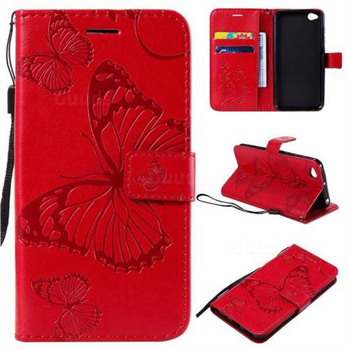 Embossing 3D Butterfly Leather Wallet Case for Mi Xiaomi Redmi Go - Red
