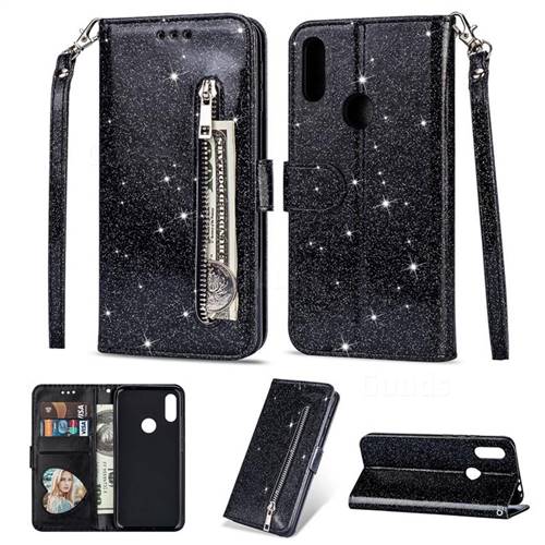 Glitter Shine Leather Zipper Wallet Phone Case for Mi Xiaomi Redmi Go - Black