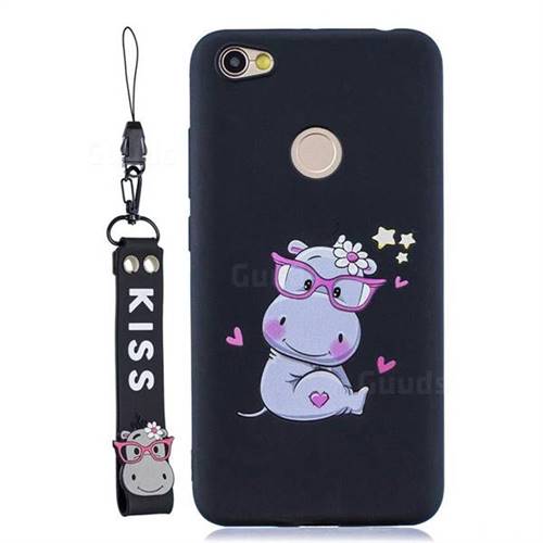 Black Flower Hippo Soft Kiss Candy Hand Strap Silicone Case for Xiaomi Redmi Note 5A