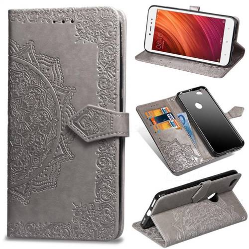 Embossing Imprint Mandala Flower Leather Wallet Case for Xiaomi Redmi Note 5A - Gray