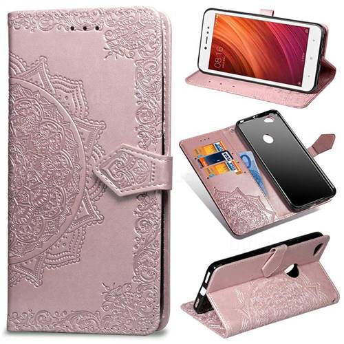 Embossing Imprint Mandala Flower Leather Wallet Case for Xiaomi Redmi Note 5A - Rose Gold