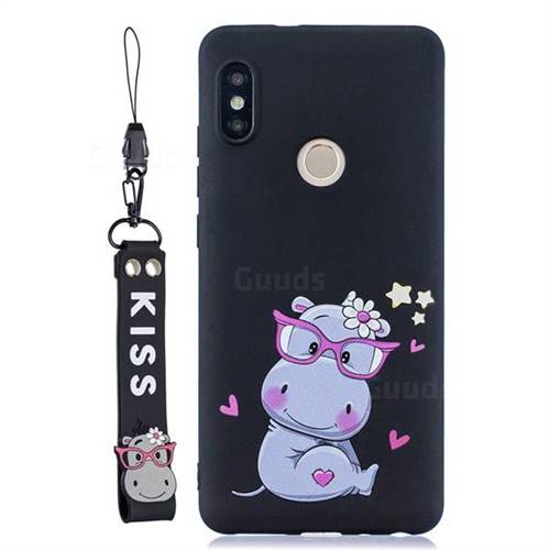 Black Flower Hippo Soft Kiss Candy Hand Strap Silicone Case for Xiaomi Redmi Note 5 Pro