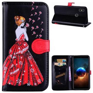 Dandelion Wedding Dress Girl Flash Powder Leather Wallet Holster Case for Xiaomi Redmi Note 5 Pro - Black