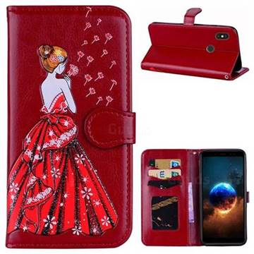 Dandelion Wedding Dress Girl Flash Powder Leather Wallet Holster Case for Xiaomi Redmi Note 5 Pro - Red
