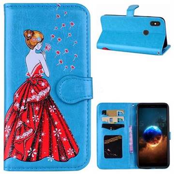 Dandelion Wedding Dress Girl Flash Powder Leather Wallet Holster Case for Xiaomi Redmi Note 5 Pro - Blue