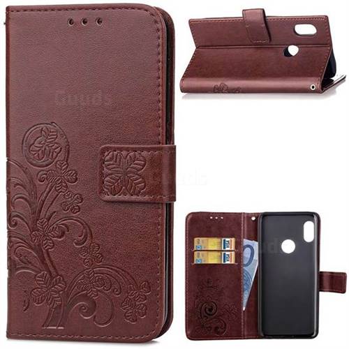 Embossing Imprint Four-Leaf Clover Leather Wallet Case for Xiaomi Redmi Note 5 Pro - Brown