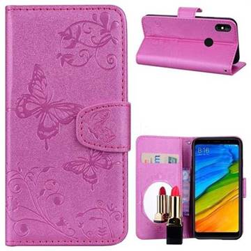 Embossing Butterfly Morning Glory Mirror Leather Wallet Case for Xiaomi Redmi Note 5 Pro - Rose