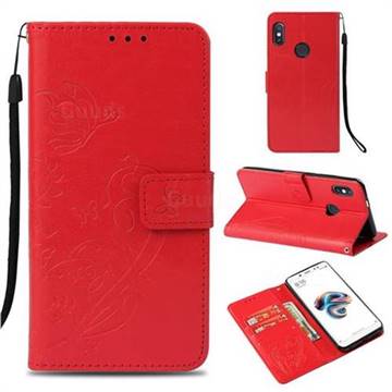 Embossing Butterfly Flower Leather Wallet Case for Xiaomi Redmi Note 5 Pro - Red
