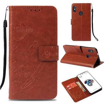 Embossing Butterfly Flower Leather Wallet Case for Xiaomi Redmi Note 5 Pro - Brown