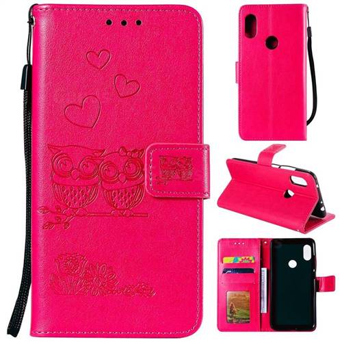 Embossing Owl Couple Flower Leather Wallet Case for Xiaomi Redmi Note 5 Pro - Red