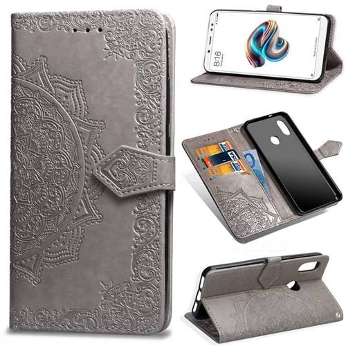 Embossing Imprint Mandala Flower Leather Wallet Case for Xiaomi Redmi Note 5 Pro - Gray