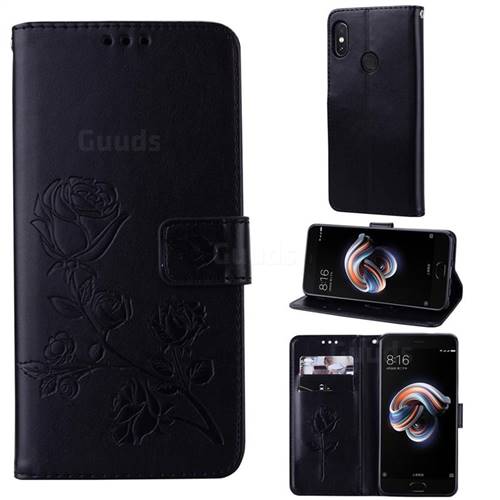 Embossing Rose Flower Leather Wallet Case for Xiaomi Redmi Note 5 Pro - Black