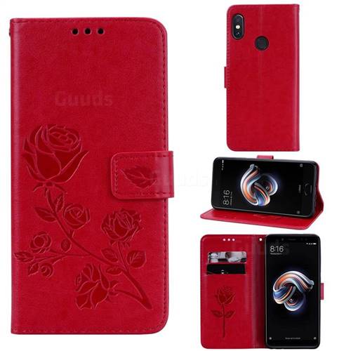 Embossing Rose Flower Leather Wallet Case for Xiaomi Redmi Note 5 Pro - Red