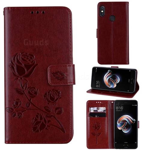 Embossing Rose Flower Leather Wallet Case for Xiaomi Redmi Note 5 Pro - Brown