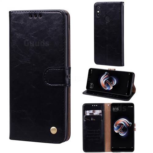 Luxury Retro Oil Wax PU Leather Wallet Phone Case for Xiaomi Redmi Note 5 Pro - Deep Black