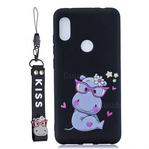 Black Flower Hippo Soft Kiss Candy Hand Strap Silicone Case for Mi Xiaomi Redmi Note 6