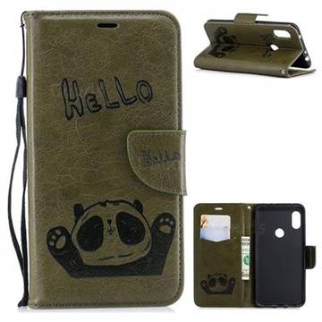 Embossing Hello Panda Leather Wallet Phone Case for Mi Xiaomi Redmi Note 6 - Olive Green
