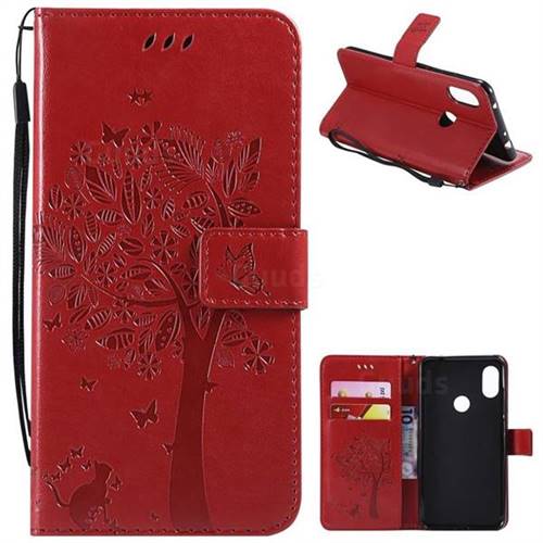 Embossing Butterfly Tree Leather Wallet Case for Mi Xiaomi Redmi Note 6 - Red