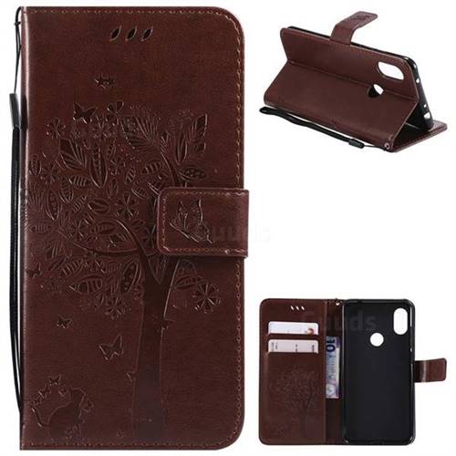 Embossing Butterfly Tree Leather Wallet Case for Mi Xiaomi Redmi Note 6 - Coffee