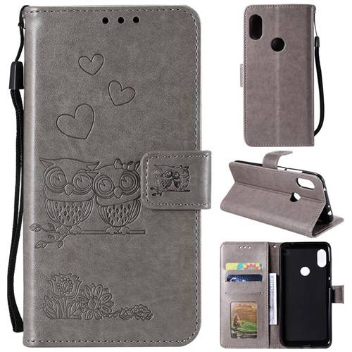 Embossing Owl Couple Flower Leather Wallet Case for Mi Xiaomi Redmi Note 6 Pro - Gray