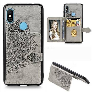 Mandala Flower Cloth Multifunction Stand Card Leather Phone Case for Mi Xiaomi Redmi Note 6 Pro - Gray