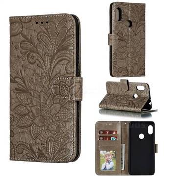 Intricate Embossing Lace Jasmine Flower Leather Wallet Case for Mi Xiaomi Redmi Note 6 Pro - Gray