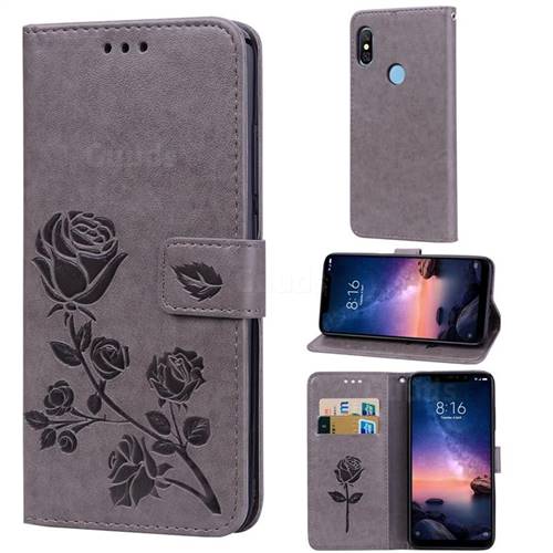 Embossing Rose Flower Leather Wallet Case for Mi Xiaomi Redmi Note 6 Pro - Grey