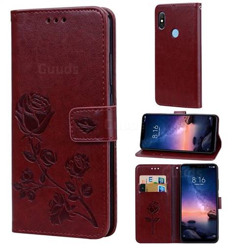 Embossing Rose Flower Leather Wallet Case for Mi Xiaomi Redmi Note 6 Pro - Brown