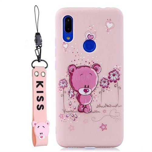 Pink Flower Bear Soft Kiss Candy Hand Strap Silicone Case for Xiaomi Mi Redmi Note 7 / Note 7 Pro