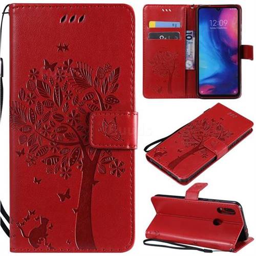 Embossing Butterfly Tree Leather Wallet Case for Xiaomi Mi Redmi Note 7 / Note 7 Pro - Red