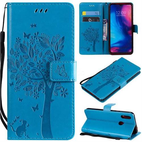 Embossing Butterfly Tree Leather Wallet Case for Xiaomi Mi Redmi Note 7 / Note 7 Pro - Blue
