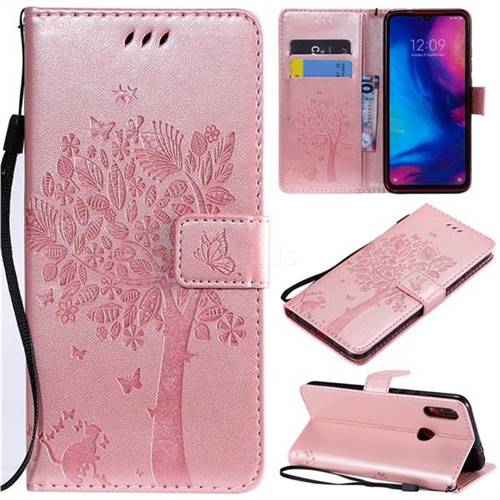 Embossing Butterfly Tree Leather Wallet Case for Xiaomi Mi Redmi Note 7 / Note 7 Pro - Rose Pink