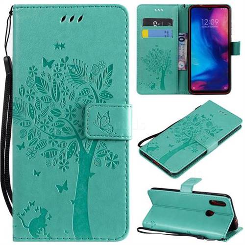 Embossing Butterfly Tree Leather Wallet Case for Xiaomi Mi Redmi Note 7 / Note 7 Pro - Cyan