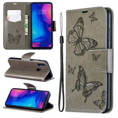 Embossing Double Butterfly Leather Wallet Case for Xiaomi Mi Redmi Note 7 / Note 7 Pro - Gray