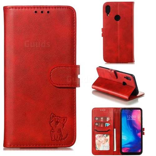 Embossing Happy Cat Leather Wallet Case for Xiaomi Mi Redmi Note 7 / Note 7 Pro - Red