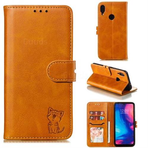 Embossing Happy Cat Leather Wallet Case for Xiaomi Mi Redmi Note 7 / Note 7 Pro - Yellow