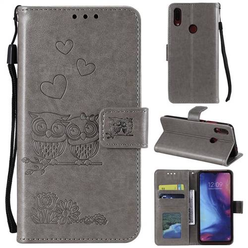 Embossing Owl Couple Flower Leather Wallet Case for Xiaomi Mi Redmi Note 7 / Note 7 Pro - Gray