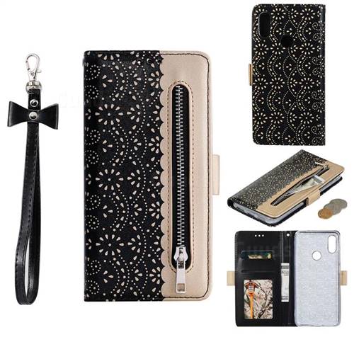Luxury Lace Zipper Stitching Leather Phone Wallet Case for Xiaomi Mi Redmi Note 7 / Note 7 Pro - Black