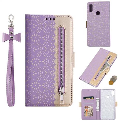 Luxury Lace Zipper Stitching Leather Phone Wallet Case for Xiaomi Mi Redmi Note 7 / Note 7 Pro - Purple