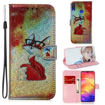 Glasses Fox Laser Shining Leather Wallet Phone Case for Xiaomi Mi Redmi Note 7 / Note 7 Pro